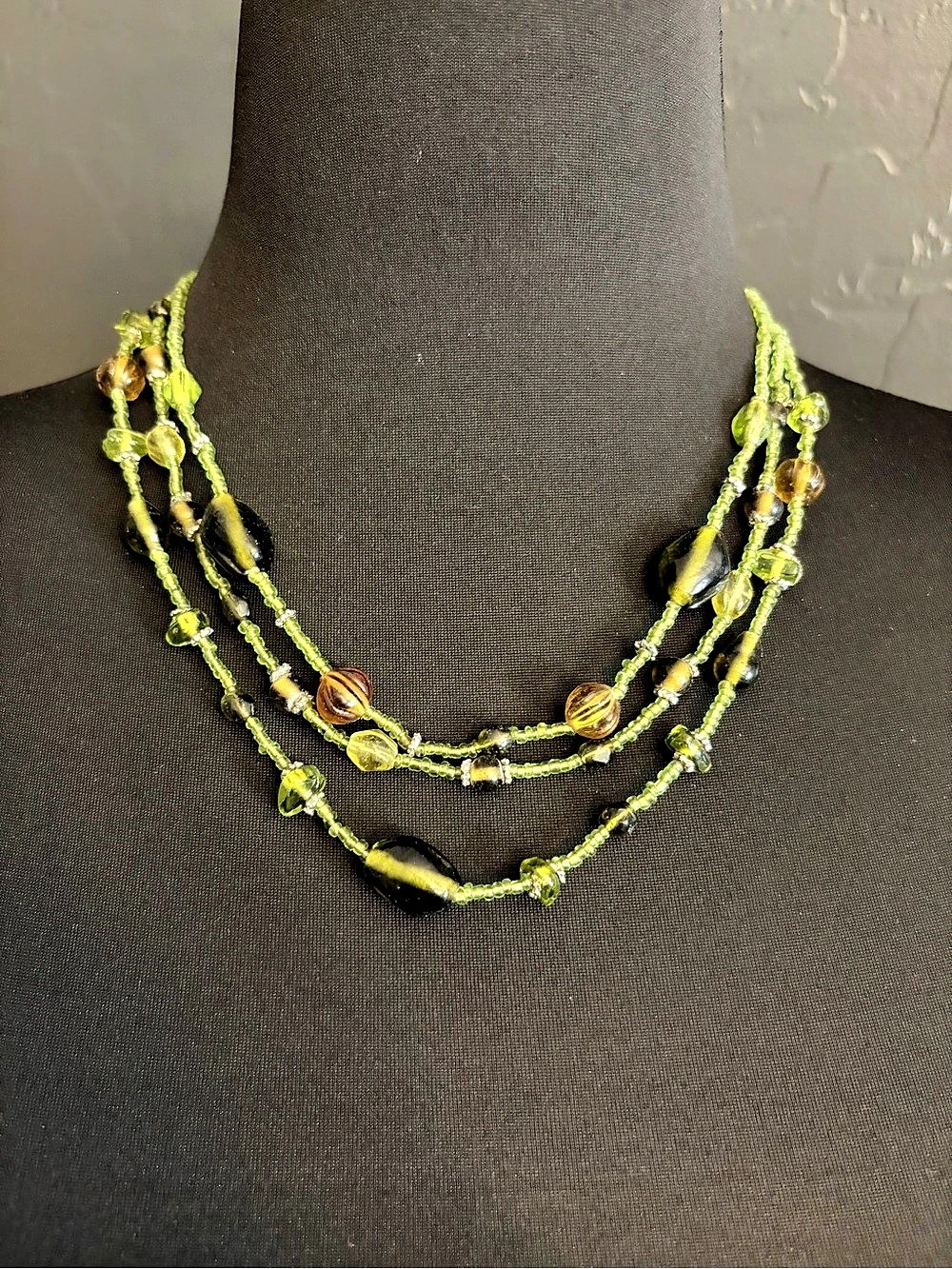 Layered Beaded Necklace in Green & Black Like New